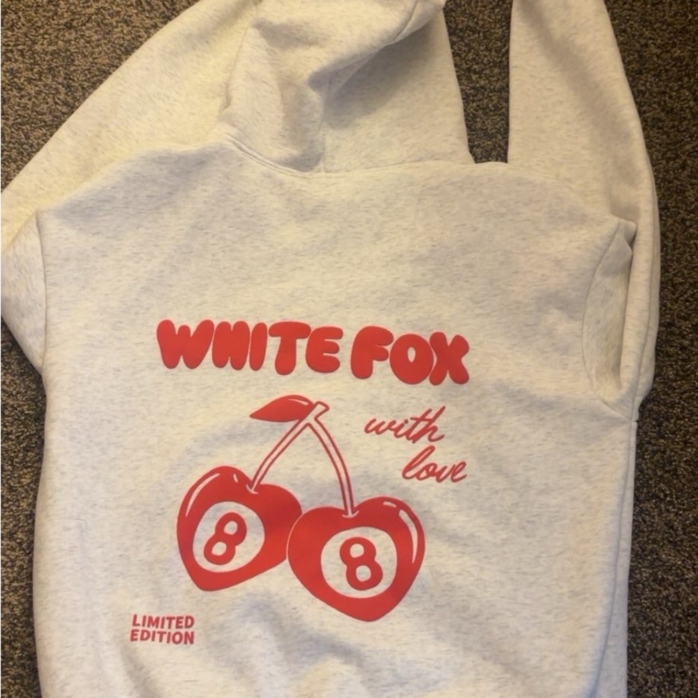 White Fox Boutique Gray Hoodie with Red Cherry Design